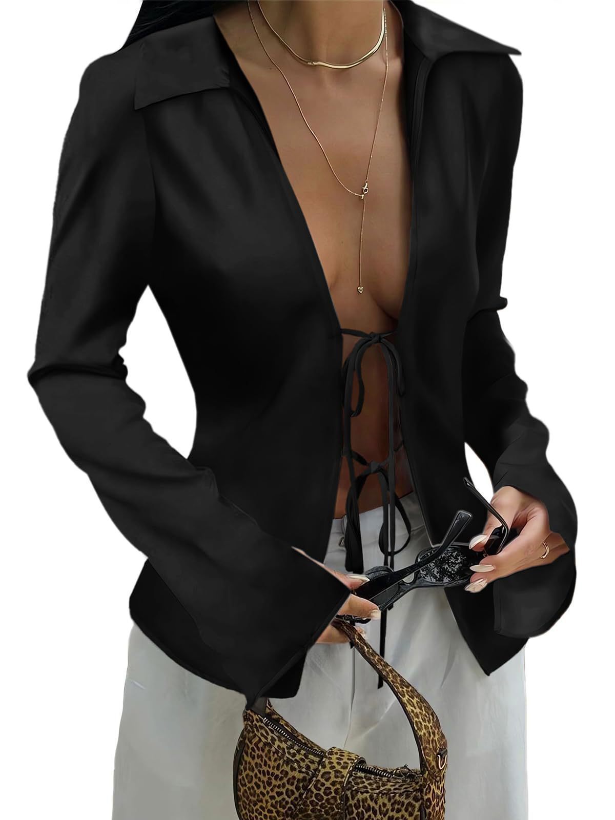 Damen elegante Bluse mit Schnürung und weitem Ärmel ModeGeist
