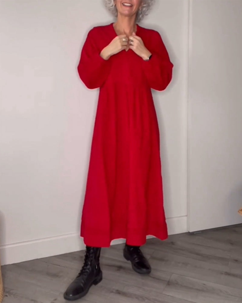 Damen Maxikleid mit elegantem V-Ausschnitt und bequemen langen Ärmeln ModeGeist