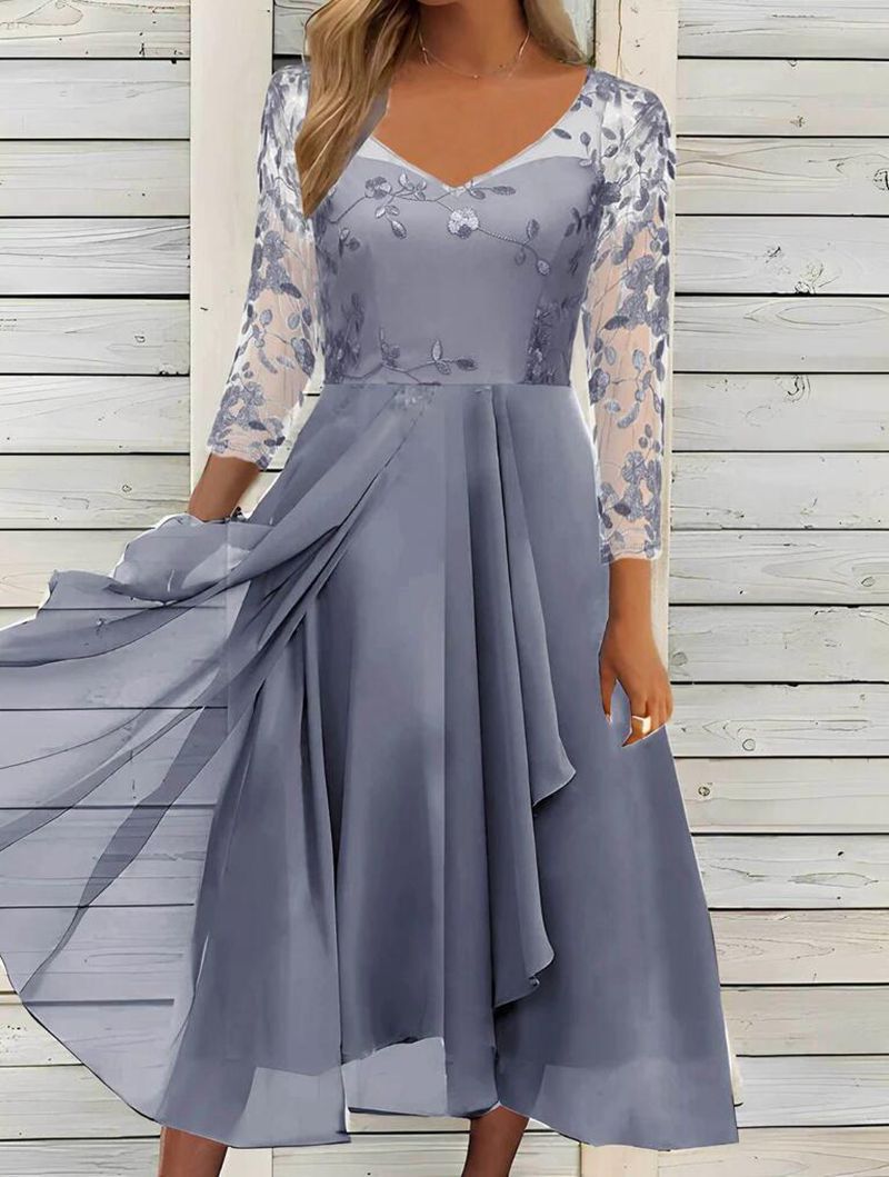 Asymmetrisches Abendkleid für Damen mit Spitzenärmeln und Blumenmuster von MODEGEIST