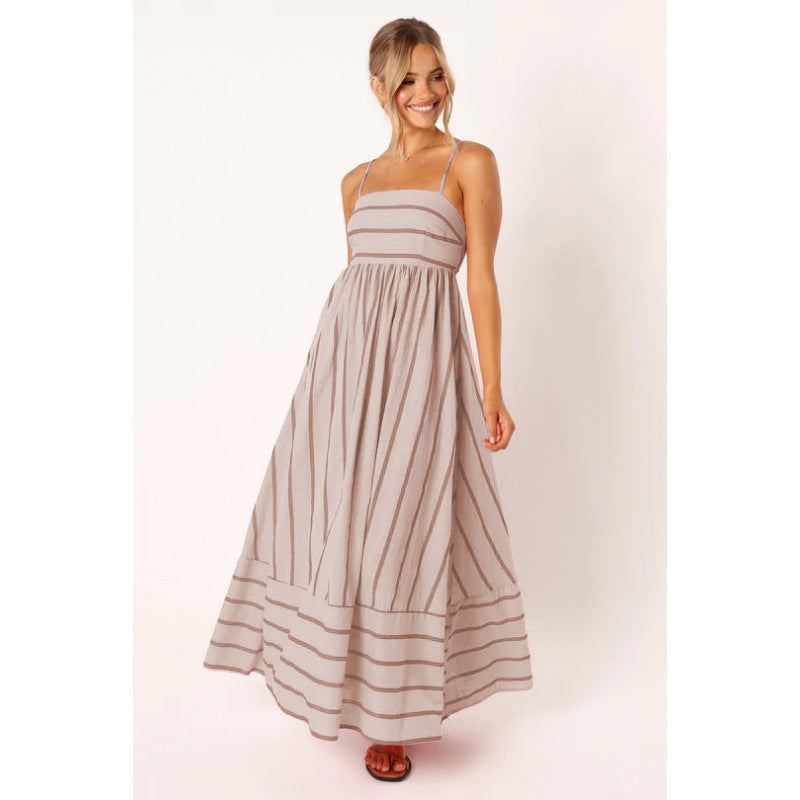 Damen Maxikleid mit feinen Streifen und elastischem Taillenbund ModeGeist