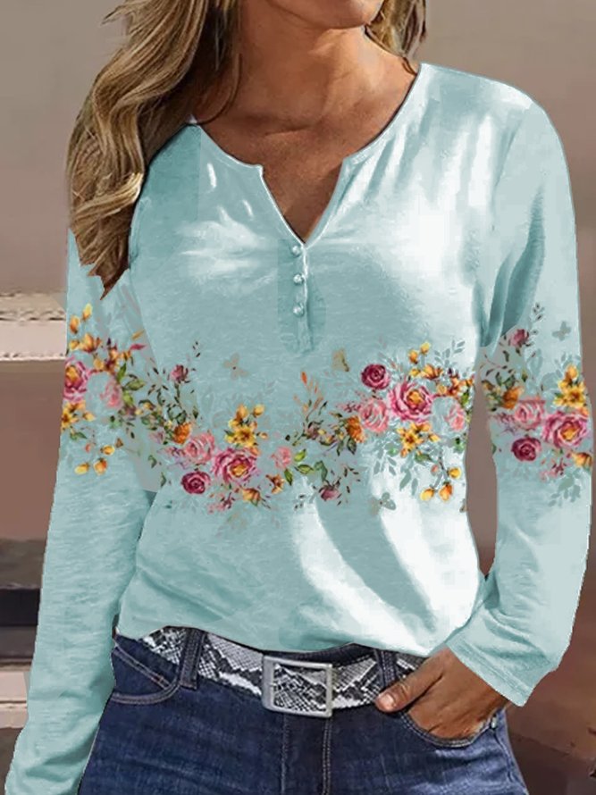 Damen Langarmshirt mit floralem Motiv und Knopfdetails ModeGeist