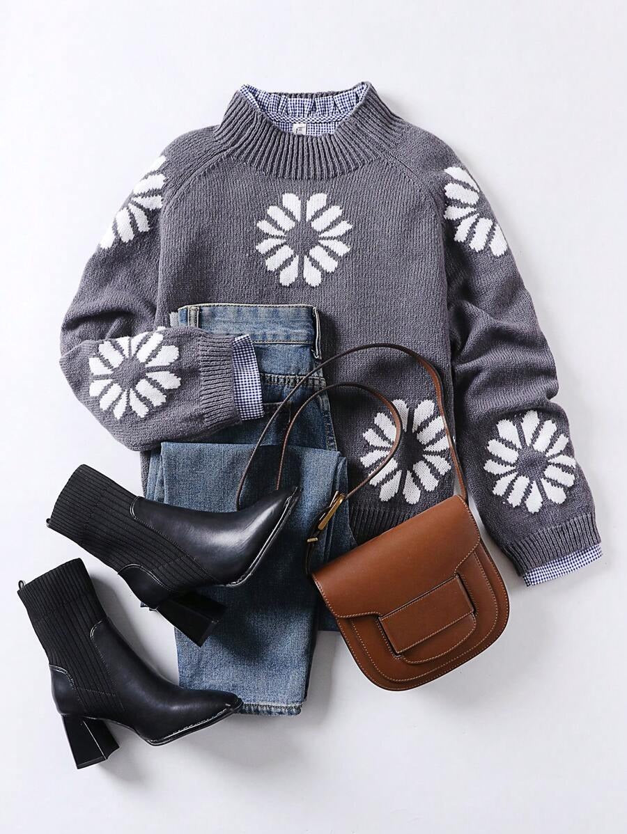 Damen Strickpullover mit floralem Motiv und modernem Rundhalsausschnitt ModeGeist
