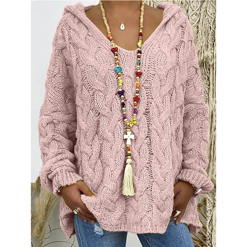 Damen Hoody aus Grobstrick mit V-Ausschnitt und dekorativem Kordelzug ModeGeist