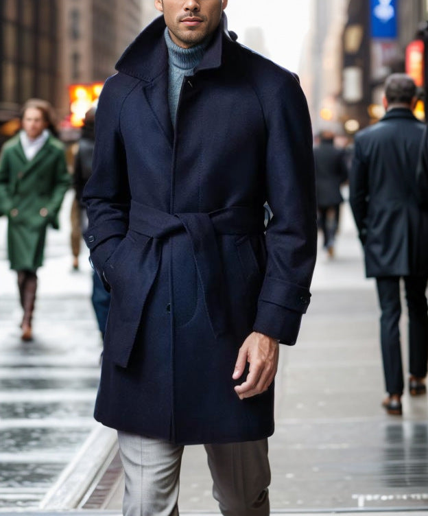 Herren modischer Wolltrenchcoat mit Bindegürtel und großen Taschen ModeGeist