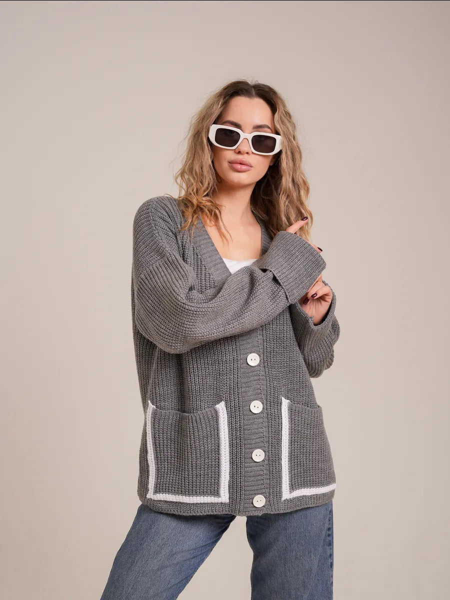 Damen Strickjacke mit großem Kragen und Taschen ModeGeist