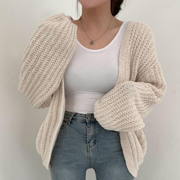 Damen grob gestrickte Oversized Cardigan mit tiefem V-Ausschnitt ModeGeist