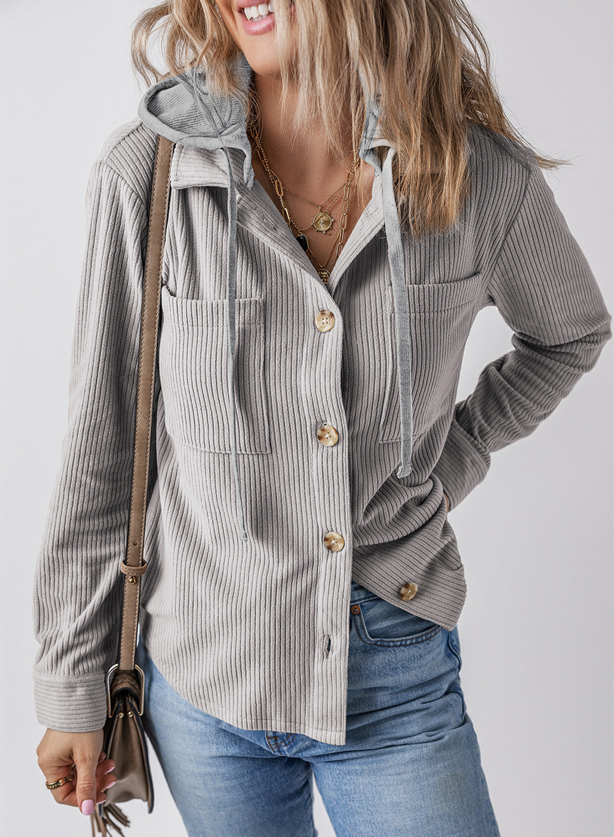 Damen lässige Rippenstruktur Hemdjacke mit Kapuze ModeGeist