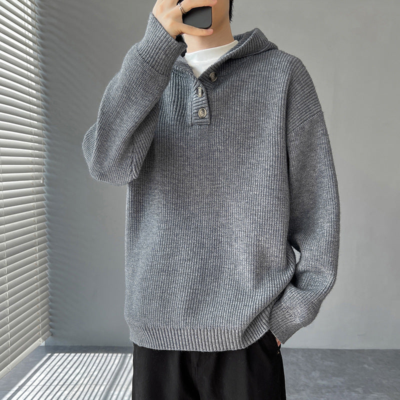 Herren Strickpullover mit Knopfleiste und Kapuze ModeGeist