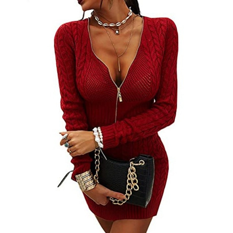 Damen Strickkleid mit Reißverschluss und langen Ärmeln ModeGeist
