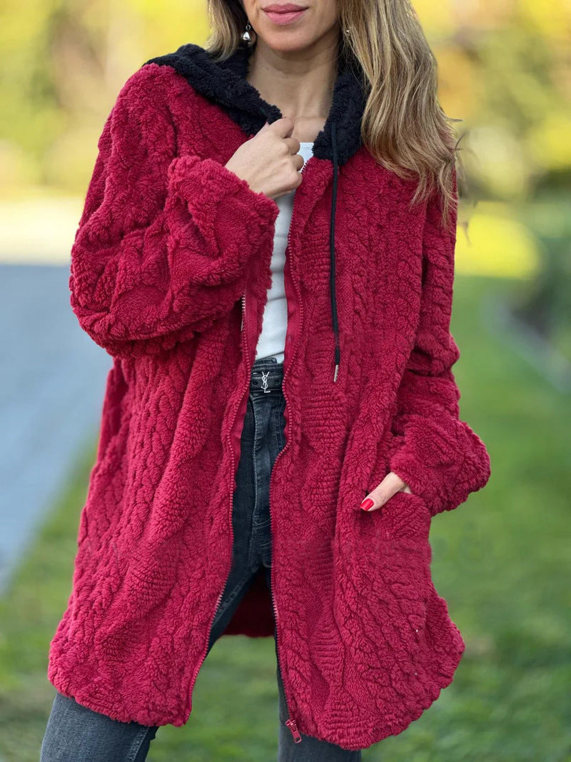 ModeGeist | Lange Weinlese Kapuzen Fell Reißverschluss Gestrickte Jacke