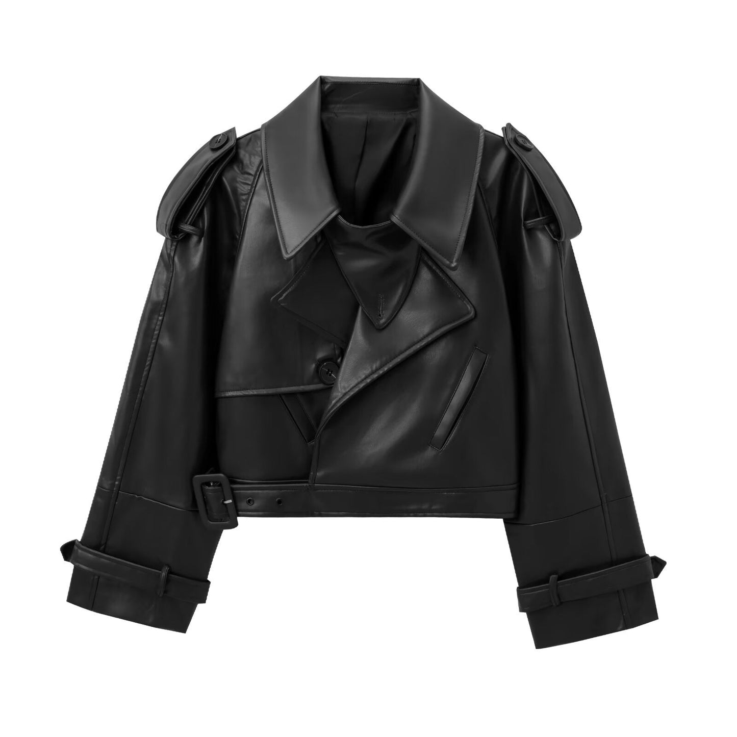Damen Modische Kunstlederjacke mit tailliertem Schnitt und oversized Kragen ModeGeist