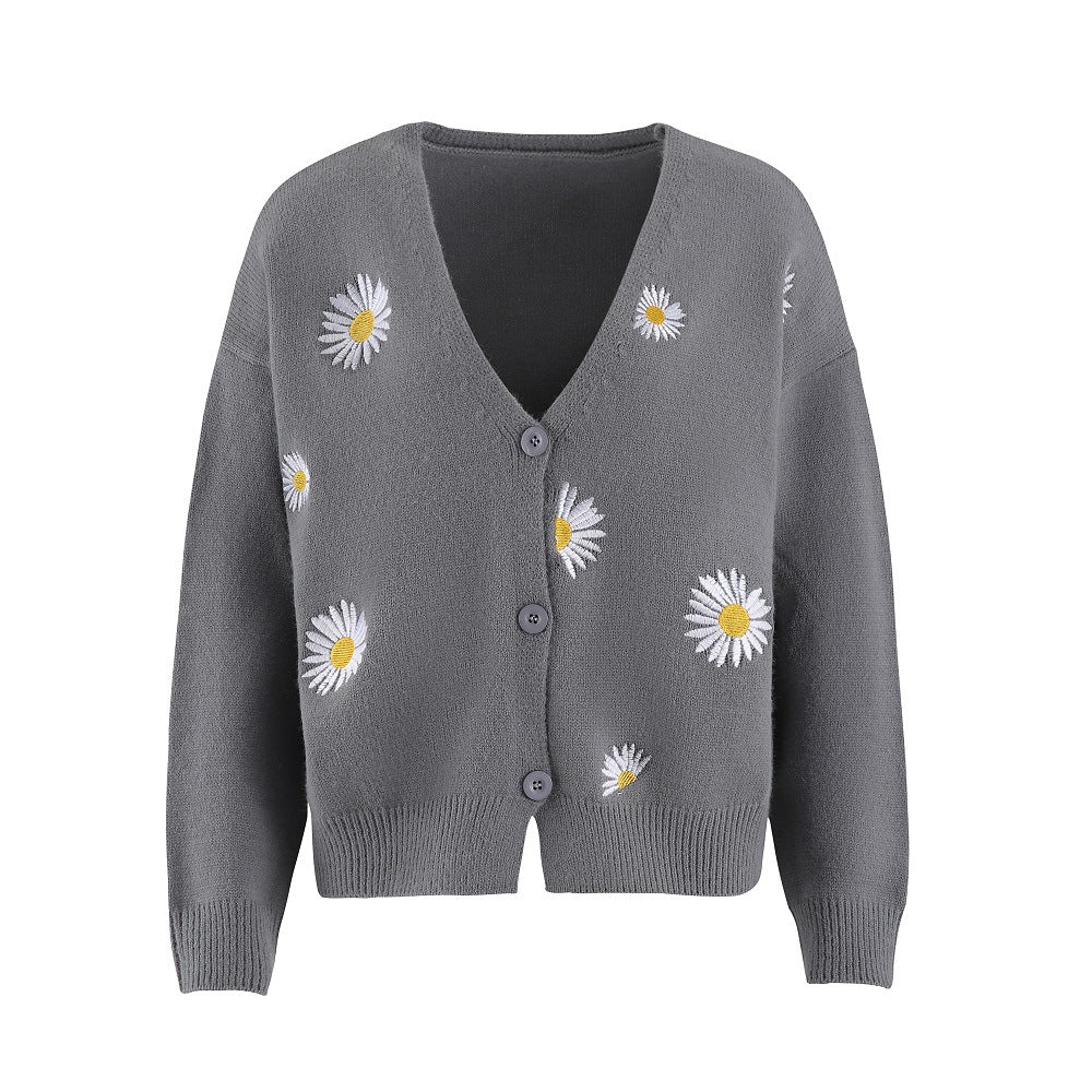 Damen Strickjacke mit Blumenstickerei und V-Ausschnitt ModeGeist