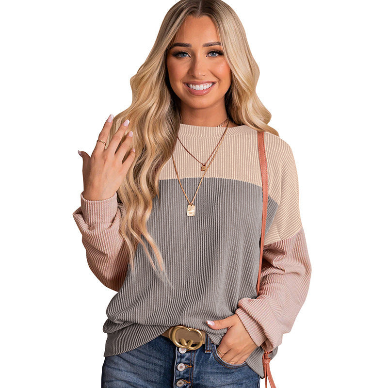Damen lässiger Pullover mit Rippstruktur und Farbblöcken ModeGeist