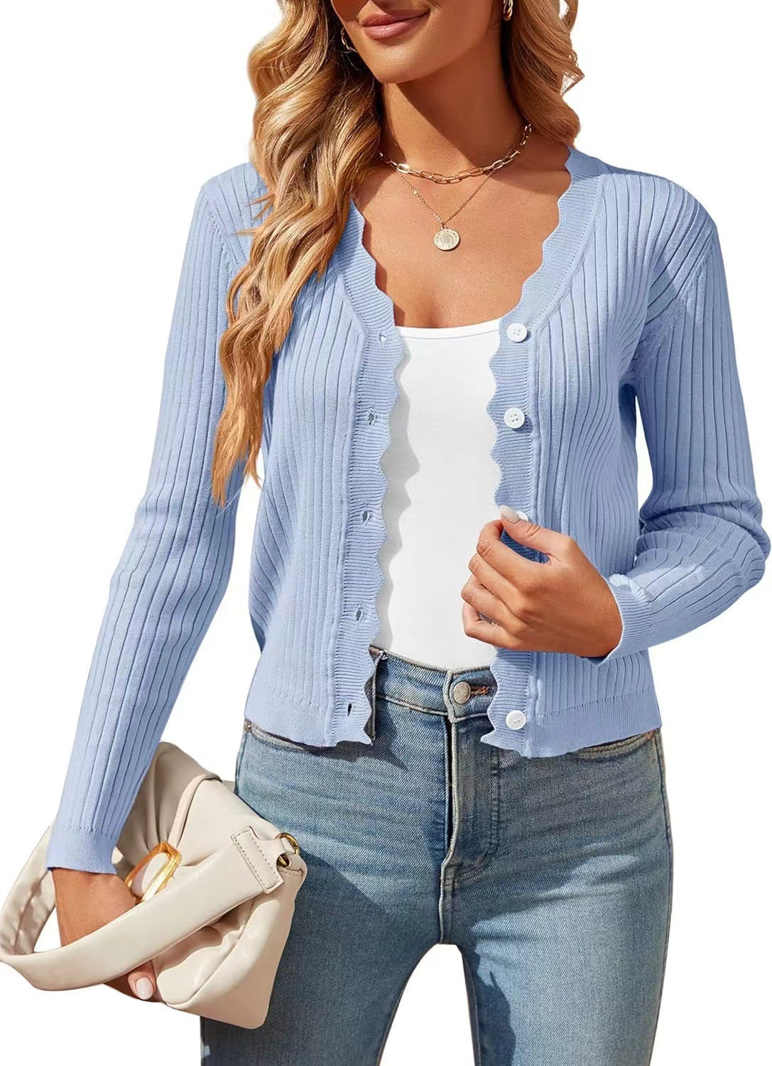Damen elegante Strickjacke mit Wellenkante ModeGeist