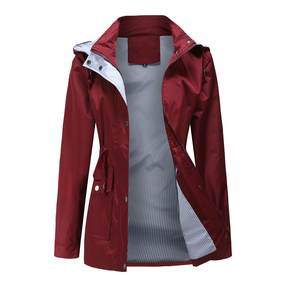 Damen Wetterfeste Regenjacke mit verstellbarem Kapuzenkragen und Taillenzug ModeGeist
