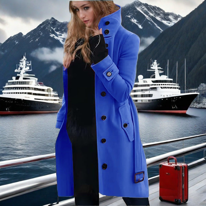 Damen eleganter Trenchcoat mit hohem Kragen und doppelter Knopfleiste ModeGeist