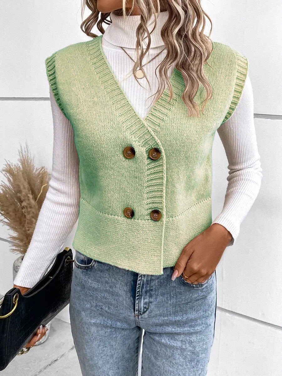 Damen Strickweste mit doppelter Knopfleiste und stylischem V-Ausschnitt ModeGeist