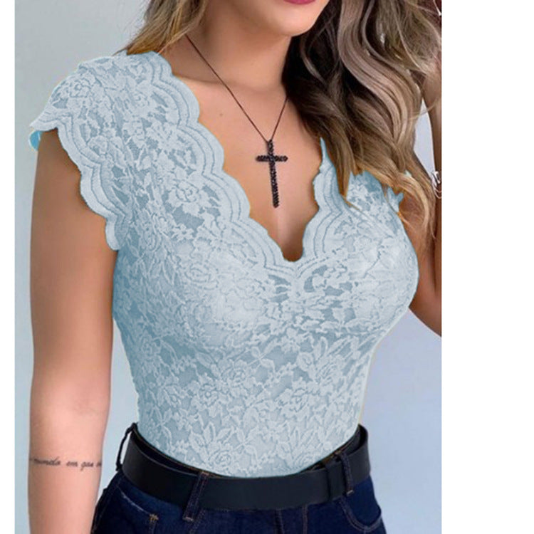 Damen Spitzenbodysuit mit tiefem V-Ausschnitt und Rüschenärmeln ModeGeist