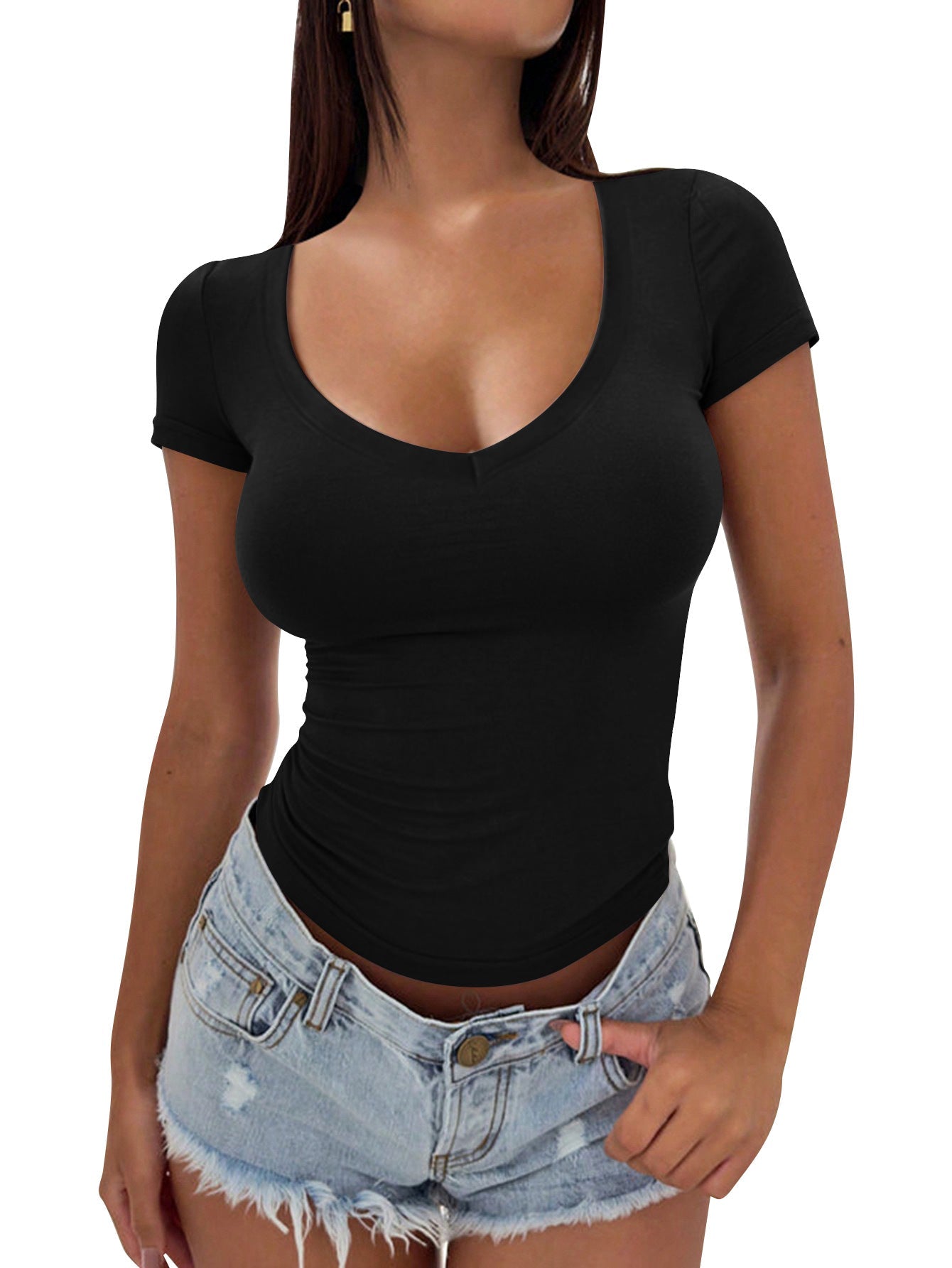 Damen figurbetontes V-Ausschnitt T-Shirt aus weichem Stretchmaterial ModeGeist