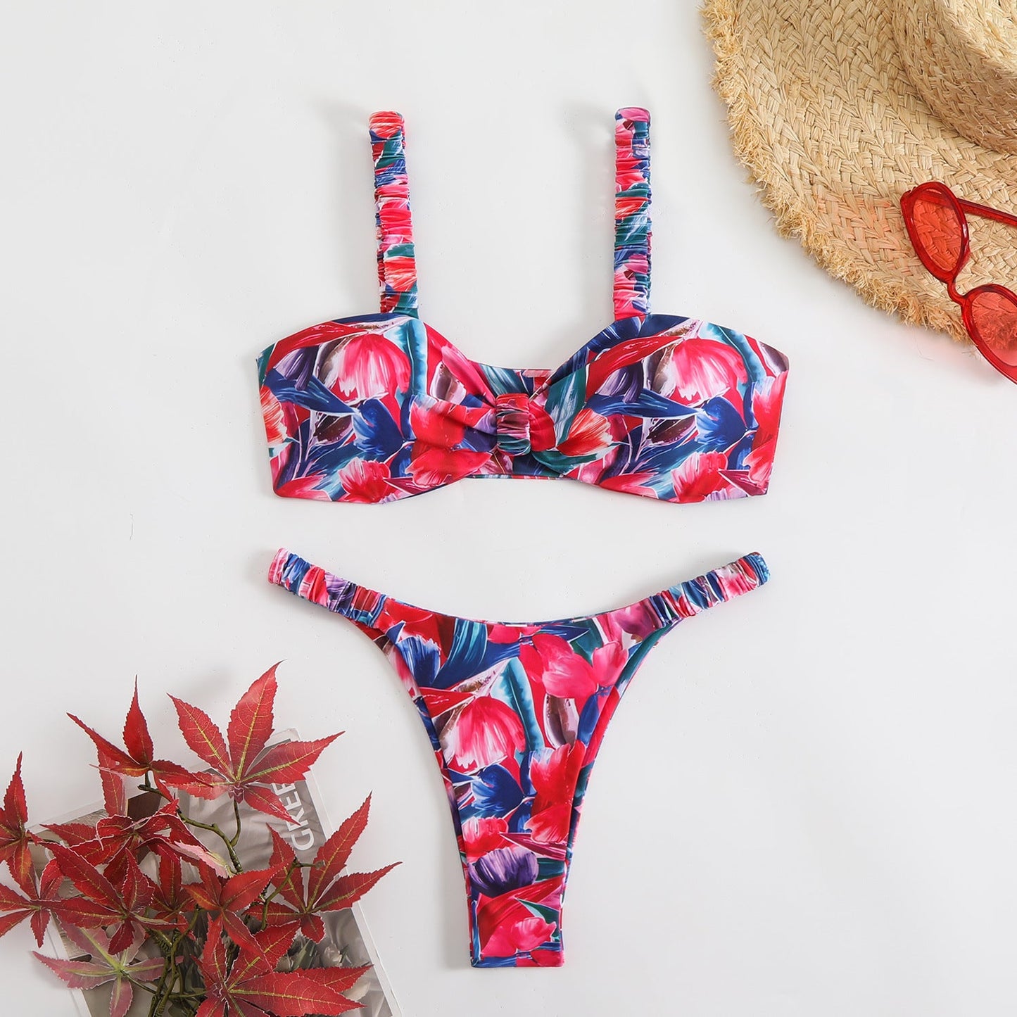 MODEGEIST Floral Print Bralette and High-Cut Bikini Bottom Set for Women