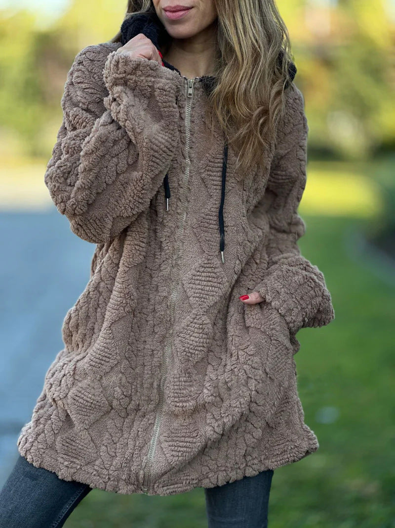 ModeGeist | Lange Weinlese Kapuzen Fell Reißverschluss Gestrickte Jacke
