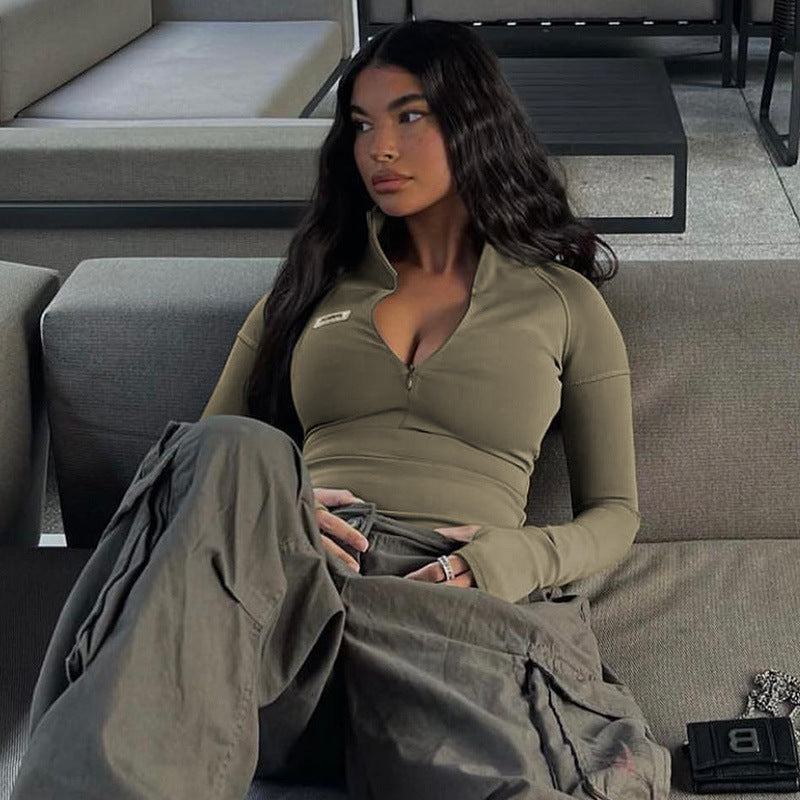 Damen Sportliches Langarm-Top mit Stehkragen und Zipper ModeGeist