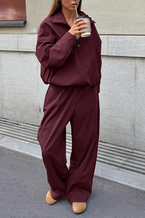 ModeGeist | Burgunder Langarm Revers Trenchcoat Hoch Taillierte Slim Fit Hose Satz