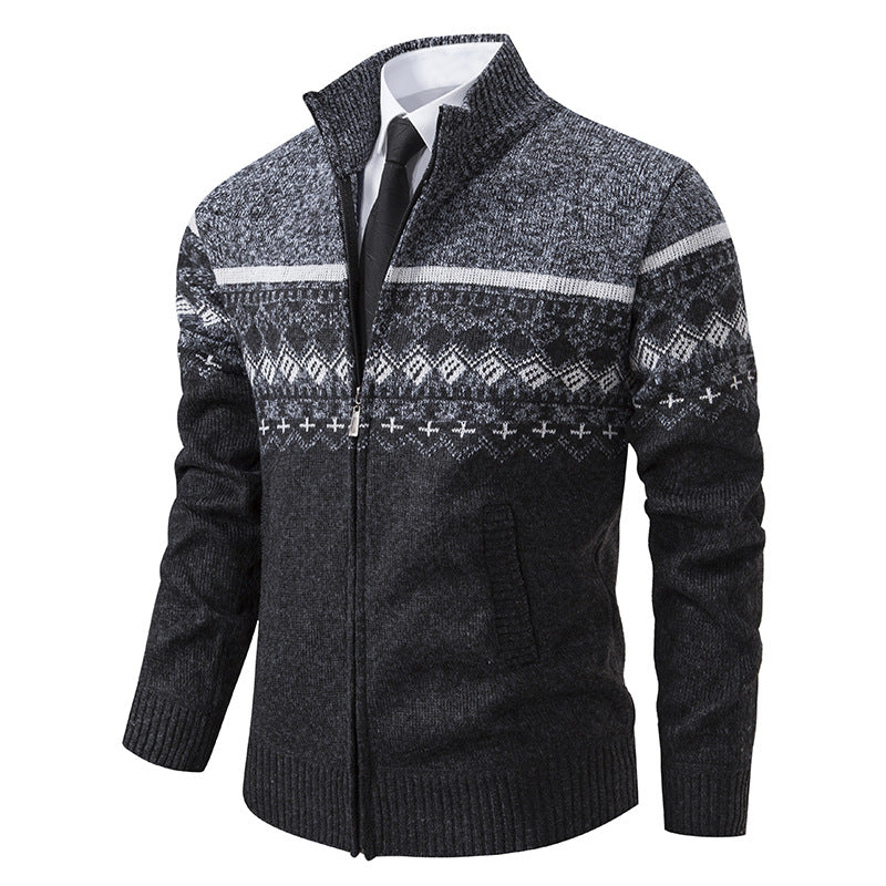 Herren Strickjacke mit Stehkragen und Norweger-Muster ModeGeist