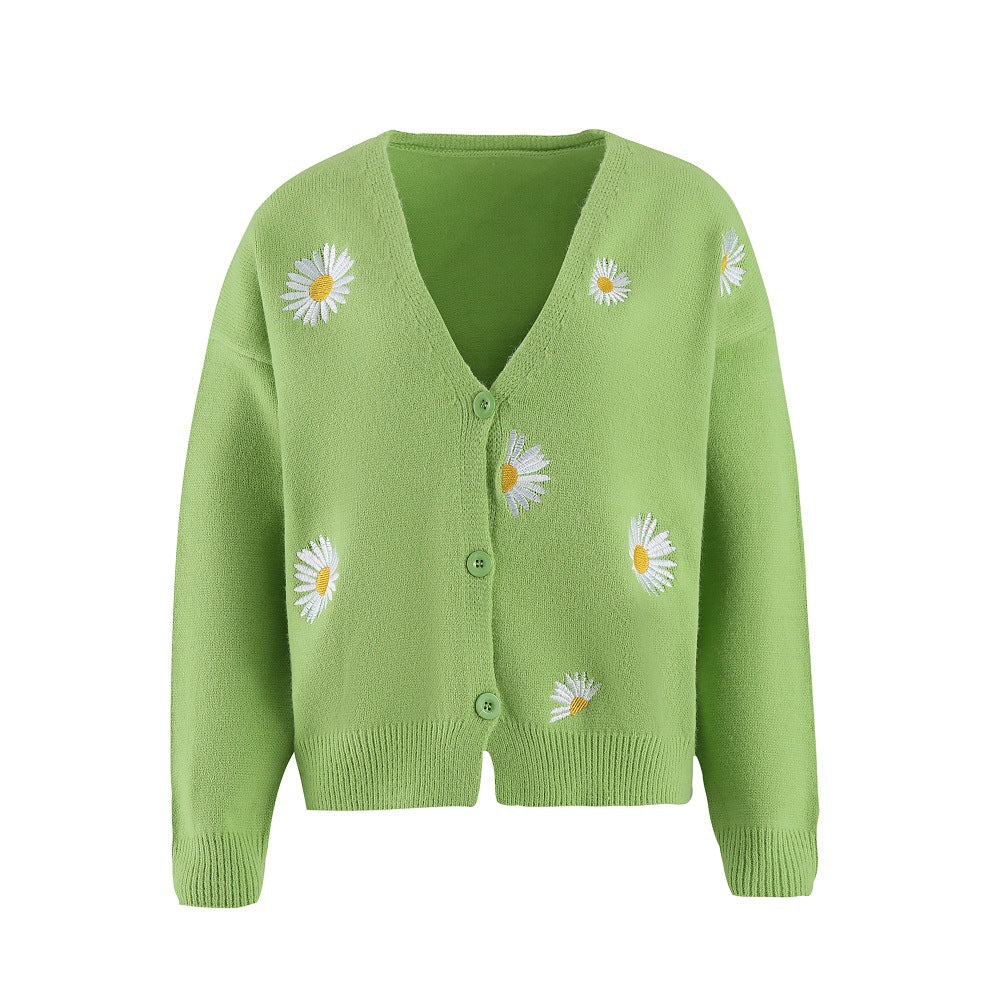 Damen Strickjacke mit Blumenstickerei und V-Ausschnitt ModeGeist