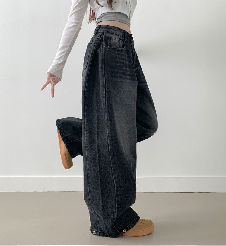 Damen Weite High-Waist Denim-Hose mit Faltenwurf ModeGeist