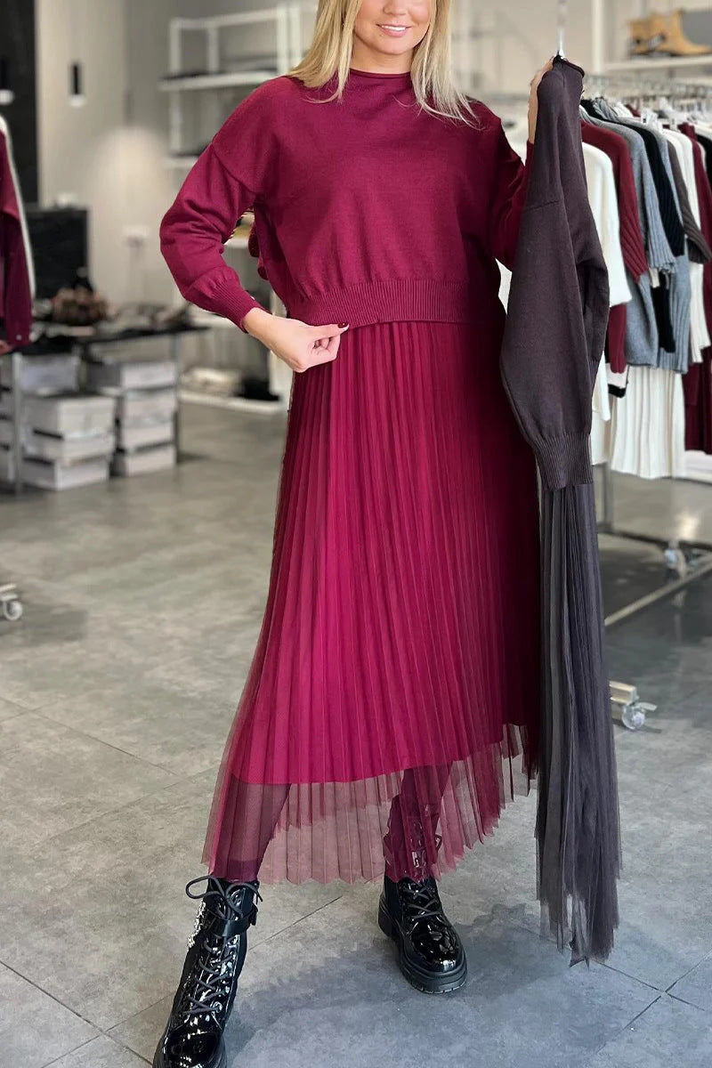 Damen Elegantes Faltenrock- und Pullover Set ModeGeist