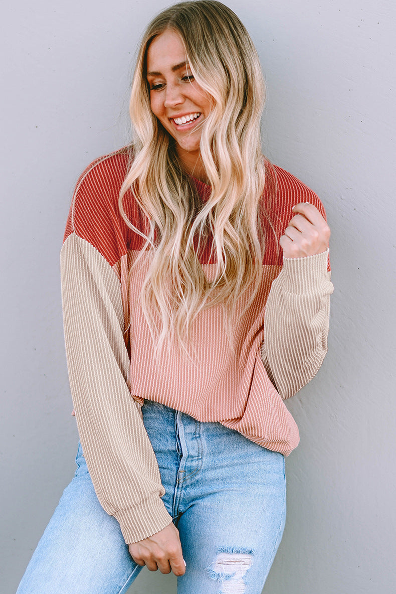 Damen lässiger Pullover mit Rippstruktur und Farbblöcken ModeGeist