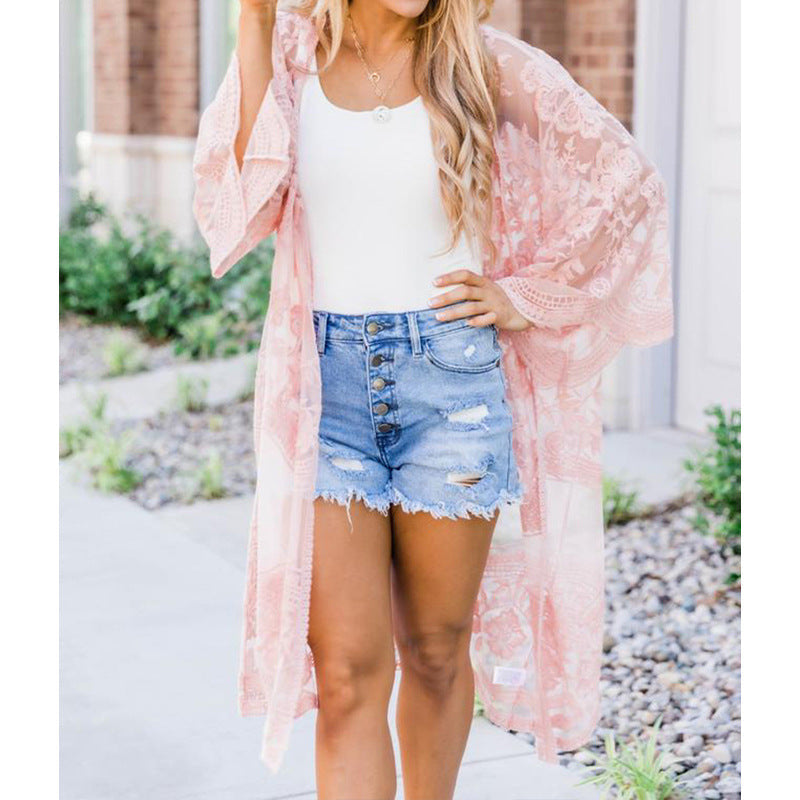 Modischer Damen-Crochet-Kimono mit luftigem Schnitt und Blumenmuster
