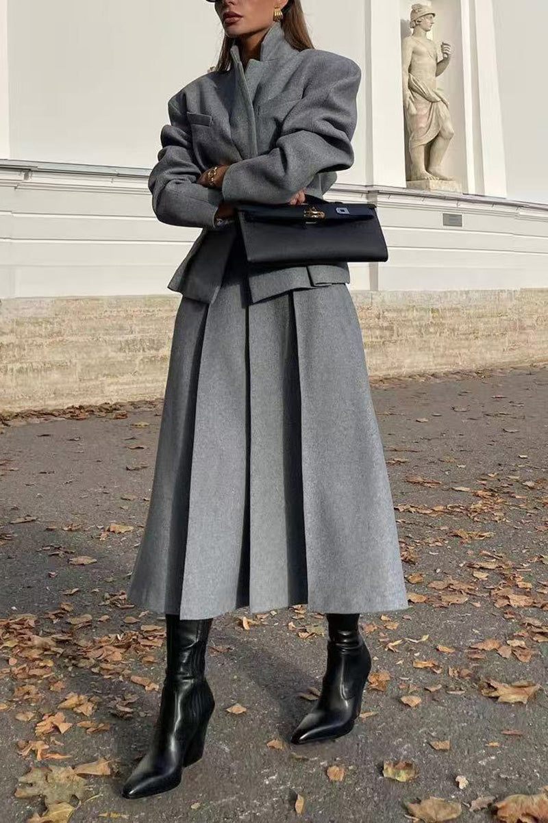 ModeGeist | Einreihiger Schlanker Wollanzugjacke und Rock Zweiteiliges Satz