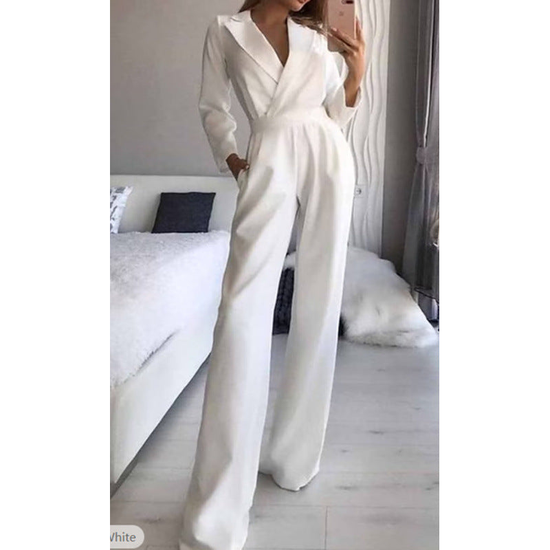 Damen eleganter Jumpsuit mit langem Bein und klassischem Schauspielkragen ModeGeist