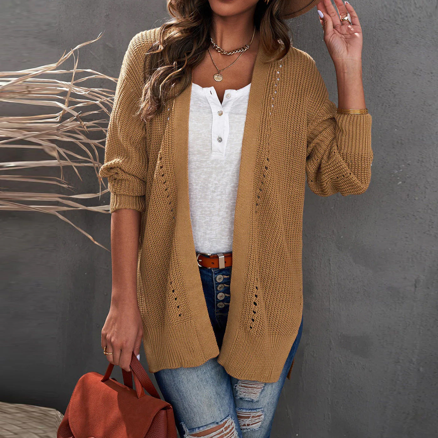 Damen offene Strickjacke mit leichter Lochstruktur und komfortabler Passform ModeGeist