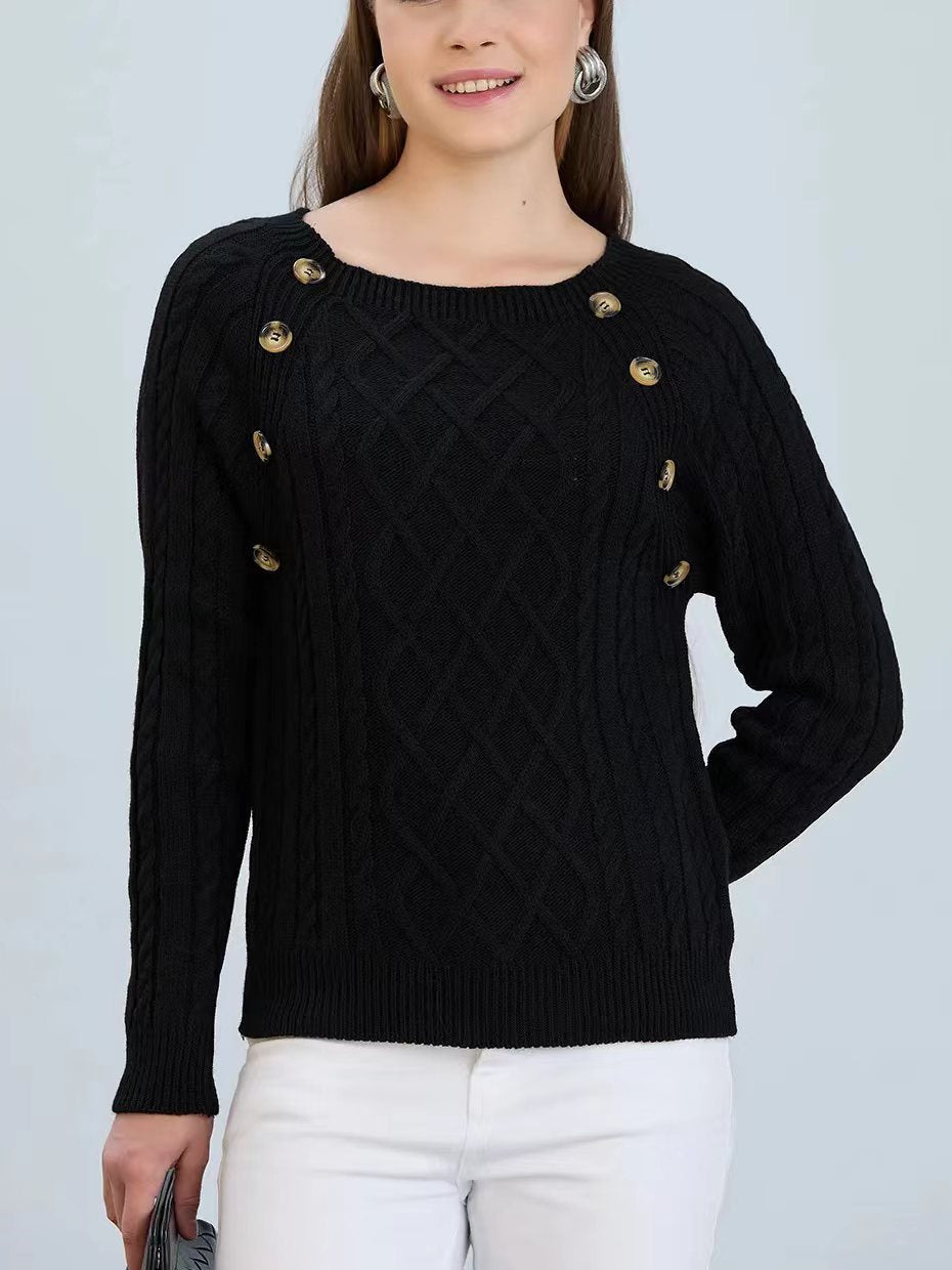 Damen Strickpullover mit klassischem Rautenmuster und dekorativen Knöpfen ModeGeist