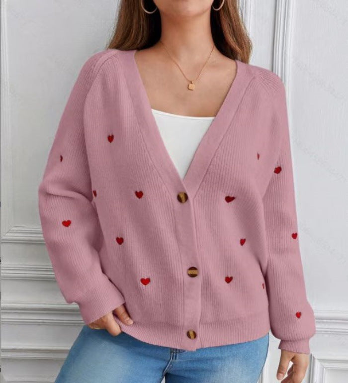 Damen lässige Strickjacke mit Herzapplikationen und tiefem V-Ausschnitt ModeGeist