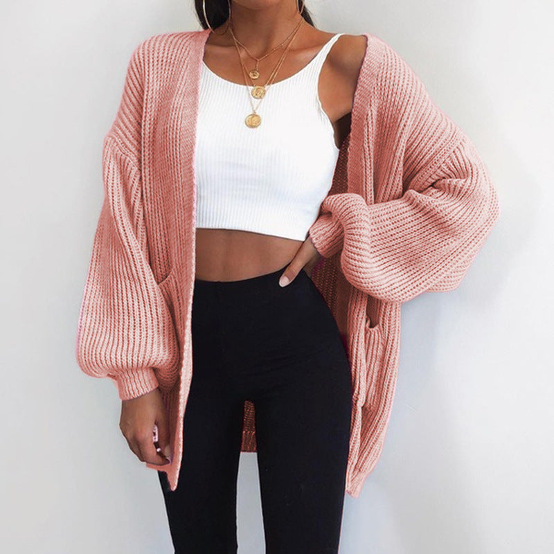 Damen Grobstrick-Cardigan mit weitem Schnitt und lässigen Puffärmeln ModeGeist