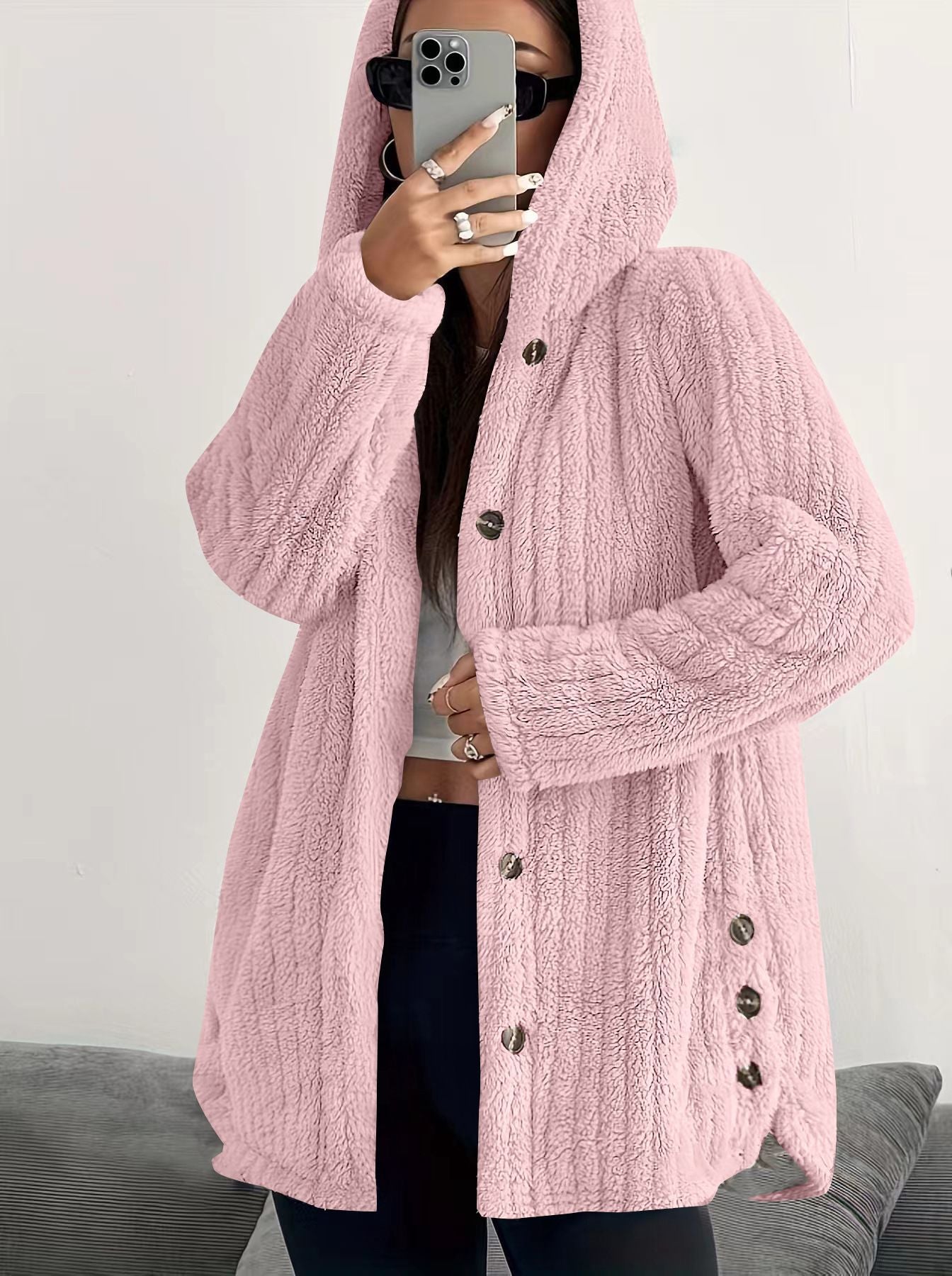 MODEGEIST Damen Kapuzen-Cardigan Lange Ärmel Vordertaschen Winter