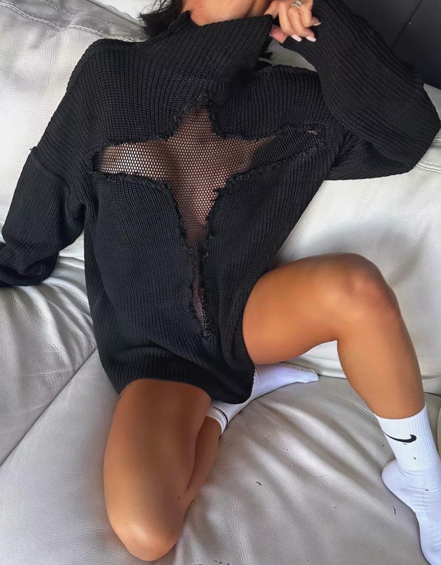 Damen Oversized Strickpullover mit aufregendem Mesh-Einsatz und unkonventionellem Design ModeGeist