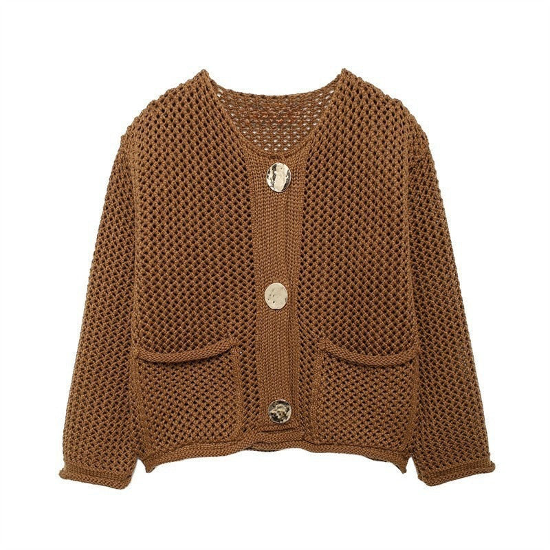 Damen luftige Strickjacke mit durchbrochenem Muster und praktischen Taschen ModeGeist