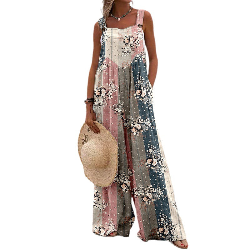 Damen Weit geschnittene Latzhose mit floralem Muster und praktischen Taschen ModeGeist