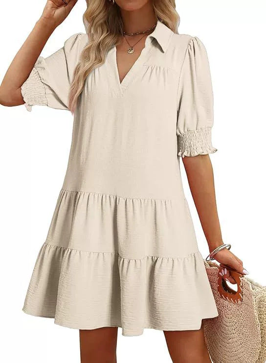 Modisches Sommerkleid für Damen, luftig leicht mit schickem Kragen und Rüschen
