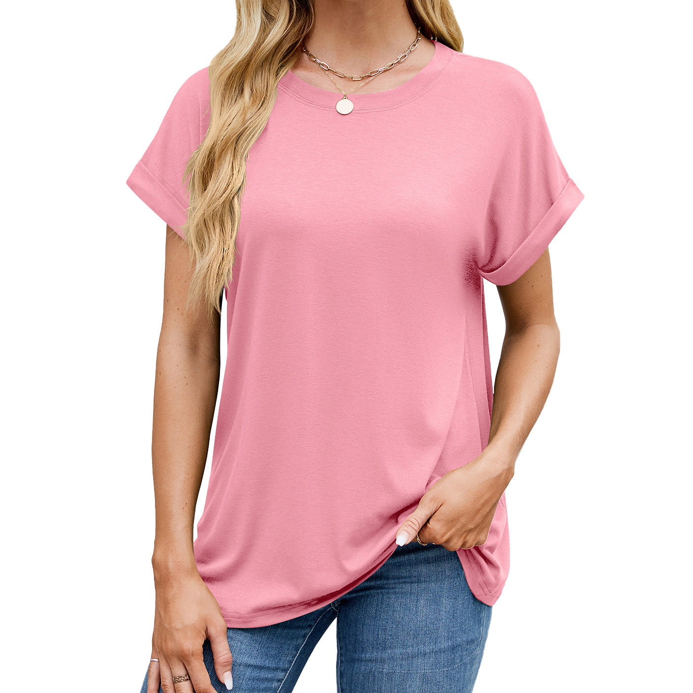 Fudus Basics: Einfarbiges, lockeres Rundhals-T-Shirt