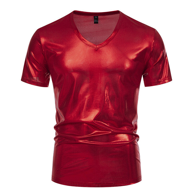 Herren V-Ausschnitt T-Shirt aus glänzendem Material mit persönlichem Stil ModeGeist