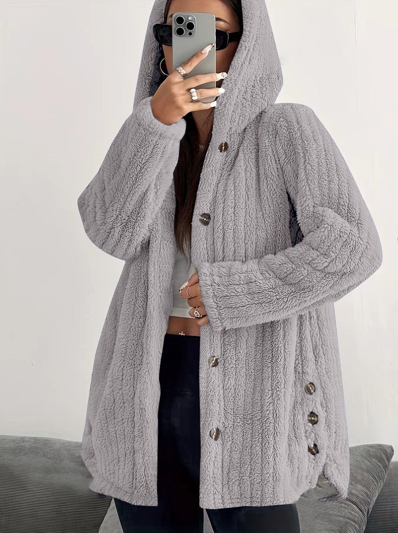 MODEGEIST Damen Kapuzen-Cardigan Lange Ärmel Vordertaschen Winter