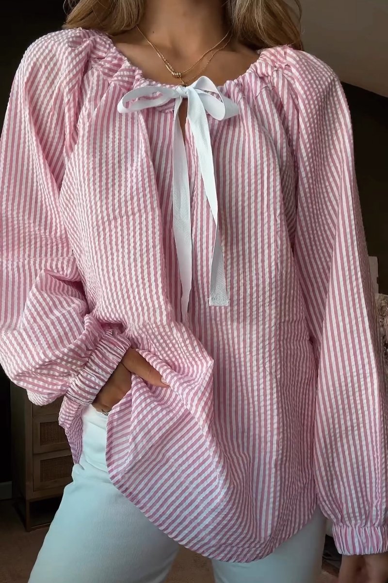 Damen Bluse mit elastischem Ausschnitt und Schleifenbindung ModeGeist