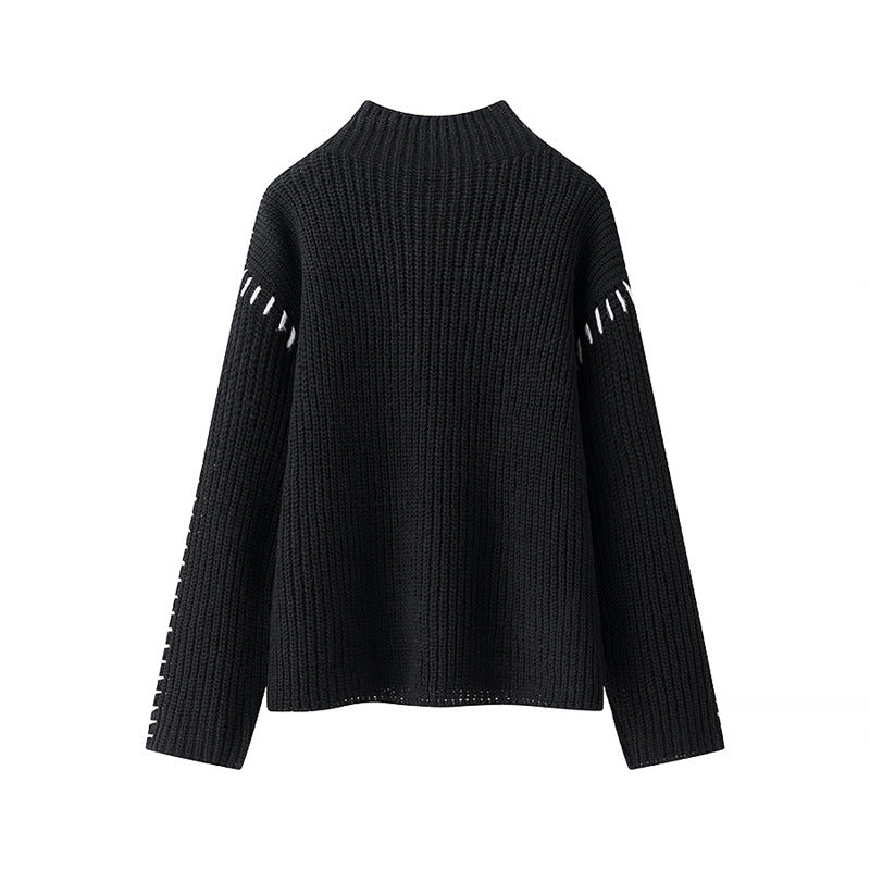 Damen Grobstrickpullover mit hohem Kragen und dekorativen Details ModeGeist