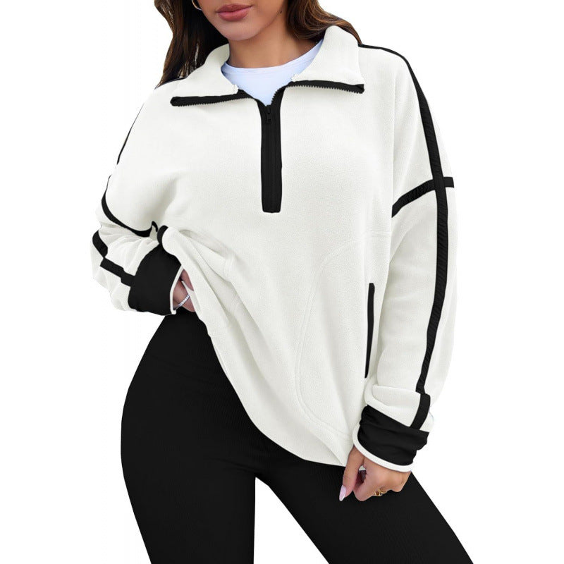 Damen Fleecpullover mit halbem Reißverschluss und kontrastierenden Ärmeln ModeGeist